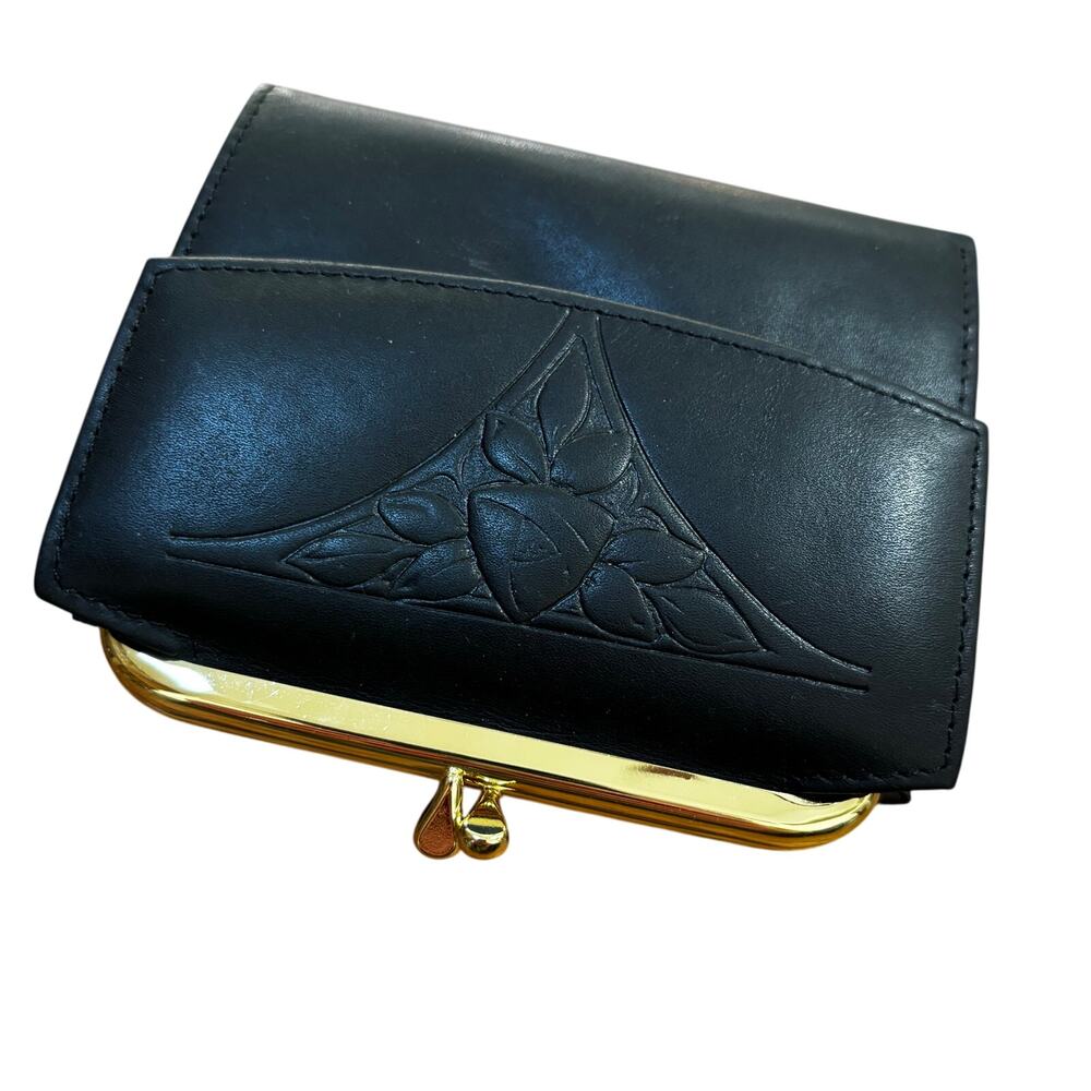 Vintage Rolfs black leather coin purse wallet embossed floral flap gold kisslock - Picture 2 of 10
